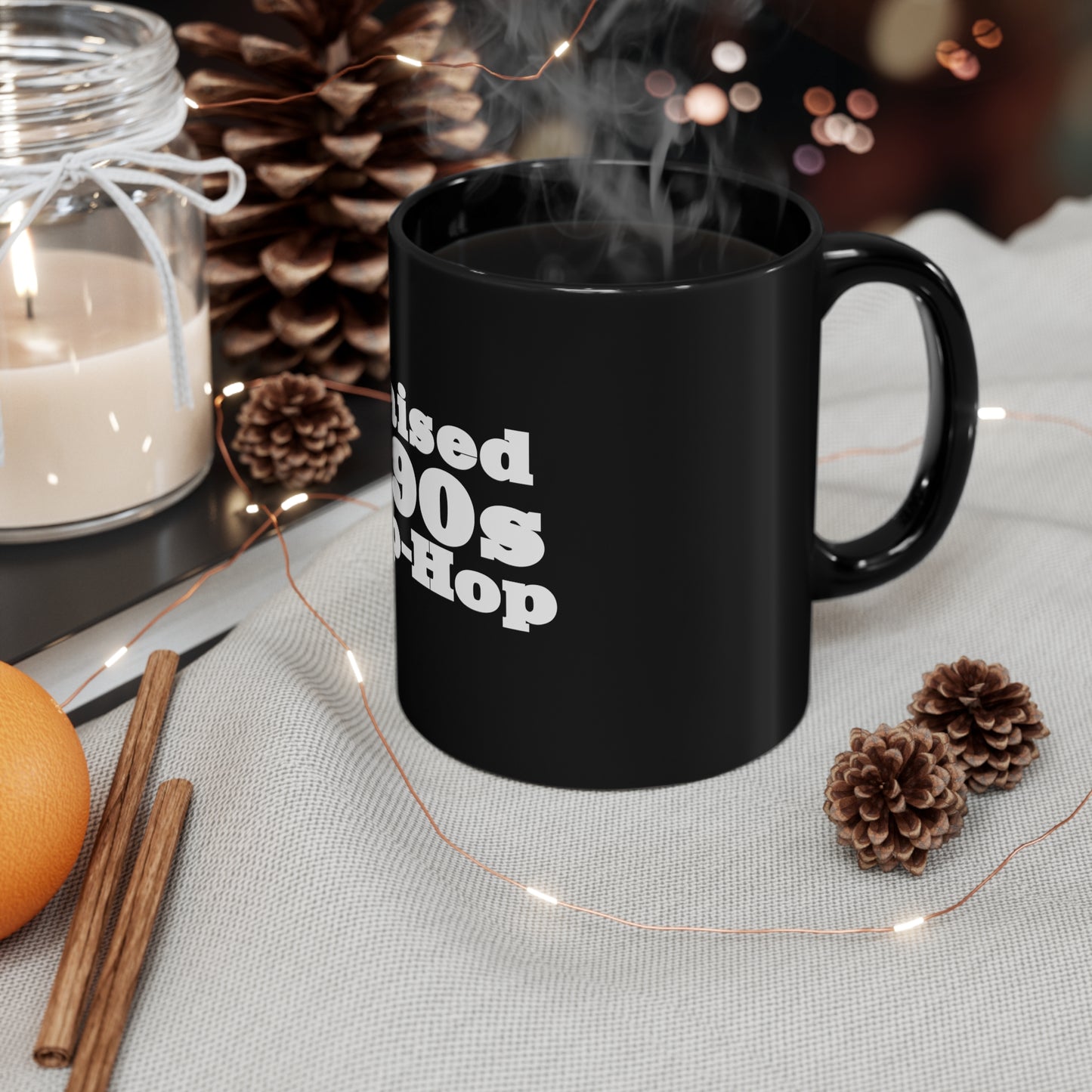 Raised on 90s Hip-Hop 11oz Black Mug Great Gift for a 90s Hip-Hop & Rap Lover