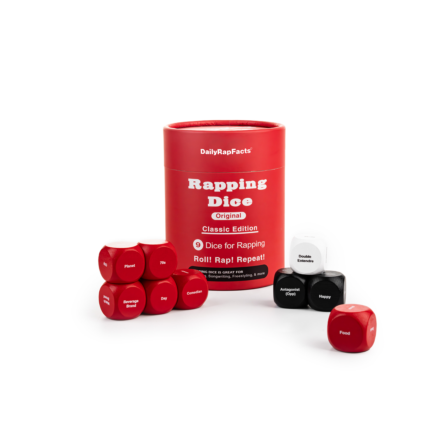 Red container labeled 'Rapping Dice' with red dice and a black die on a white background