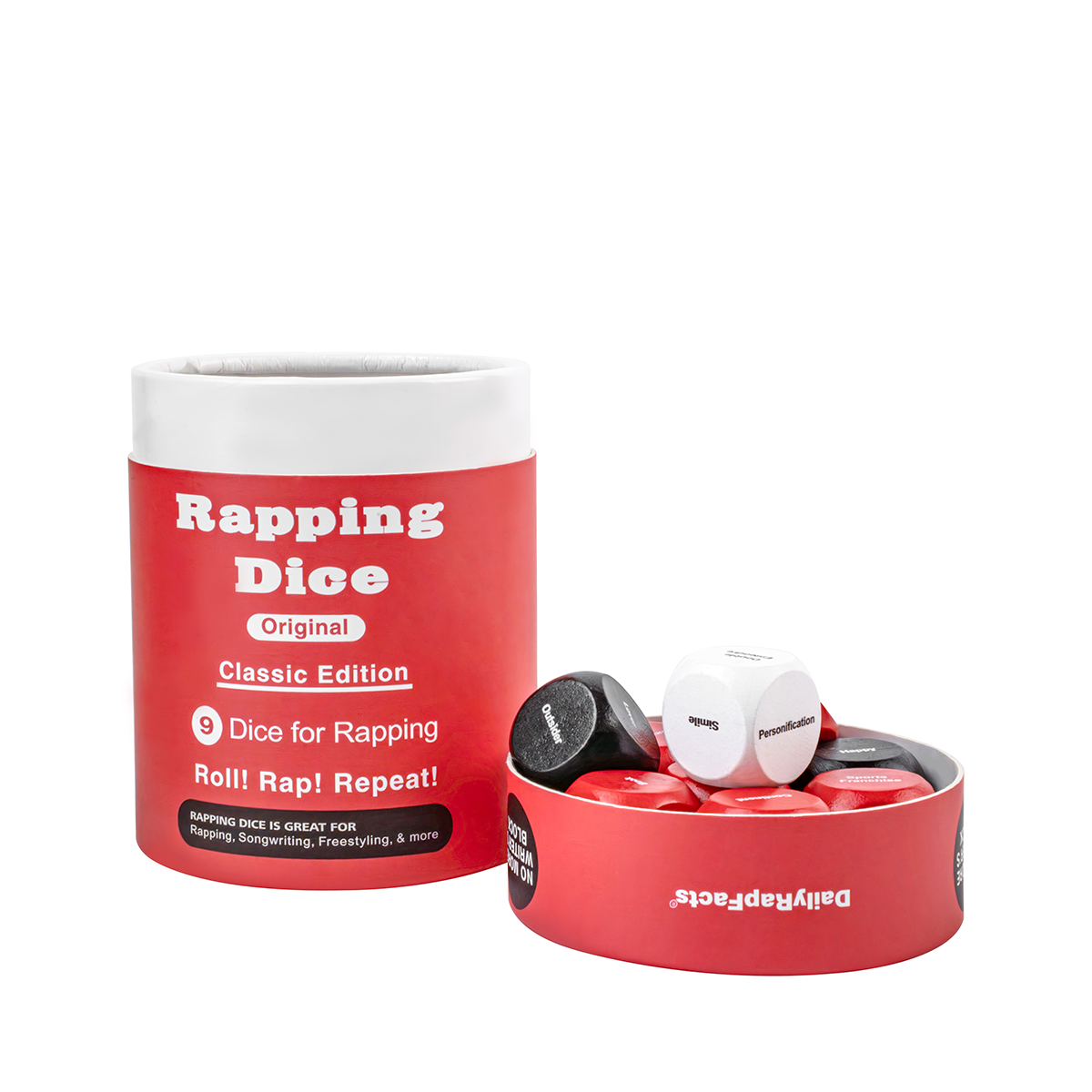 Red container with 'Rapping Dice' on a white background