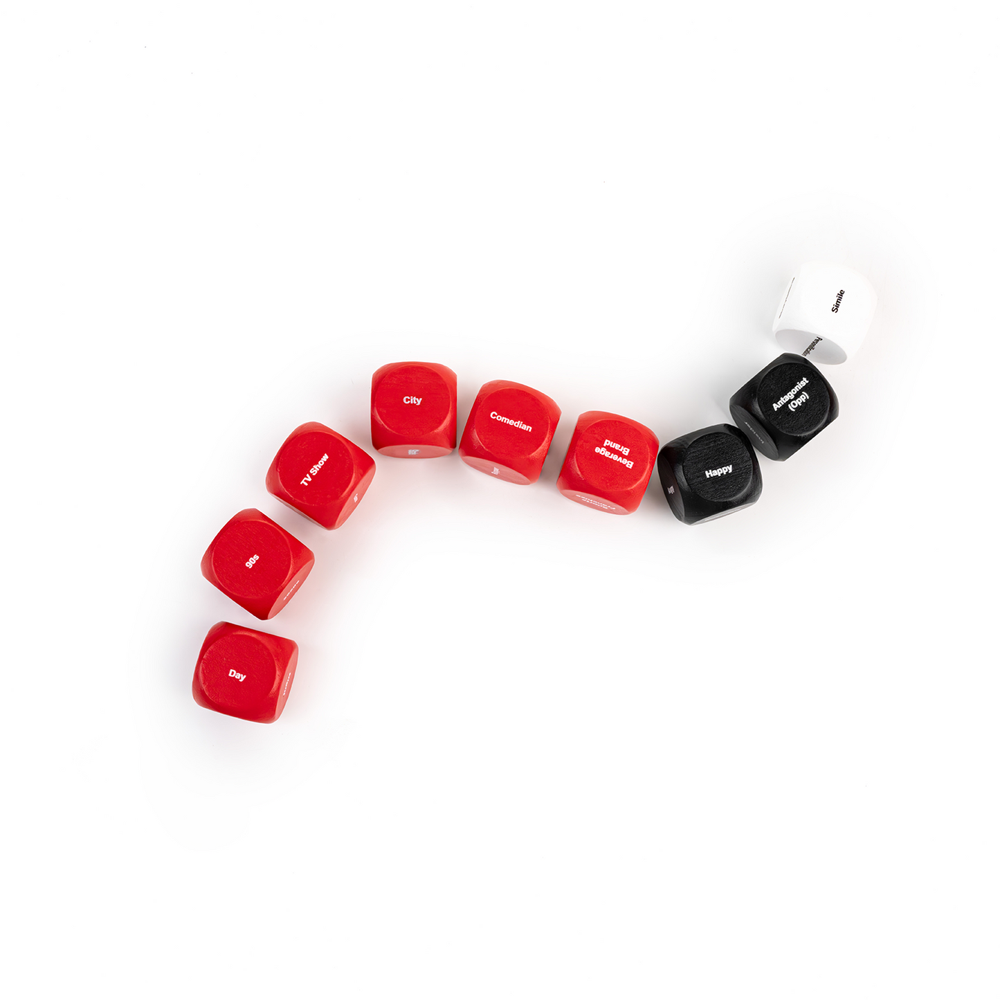 Red dice with text and black electronic devices on a white background