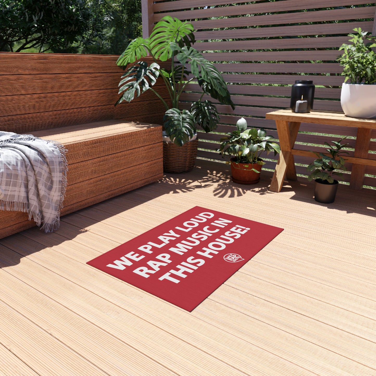 We Play Loud Rap Music In This House Outdoor Rug 24" × 36"
