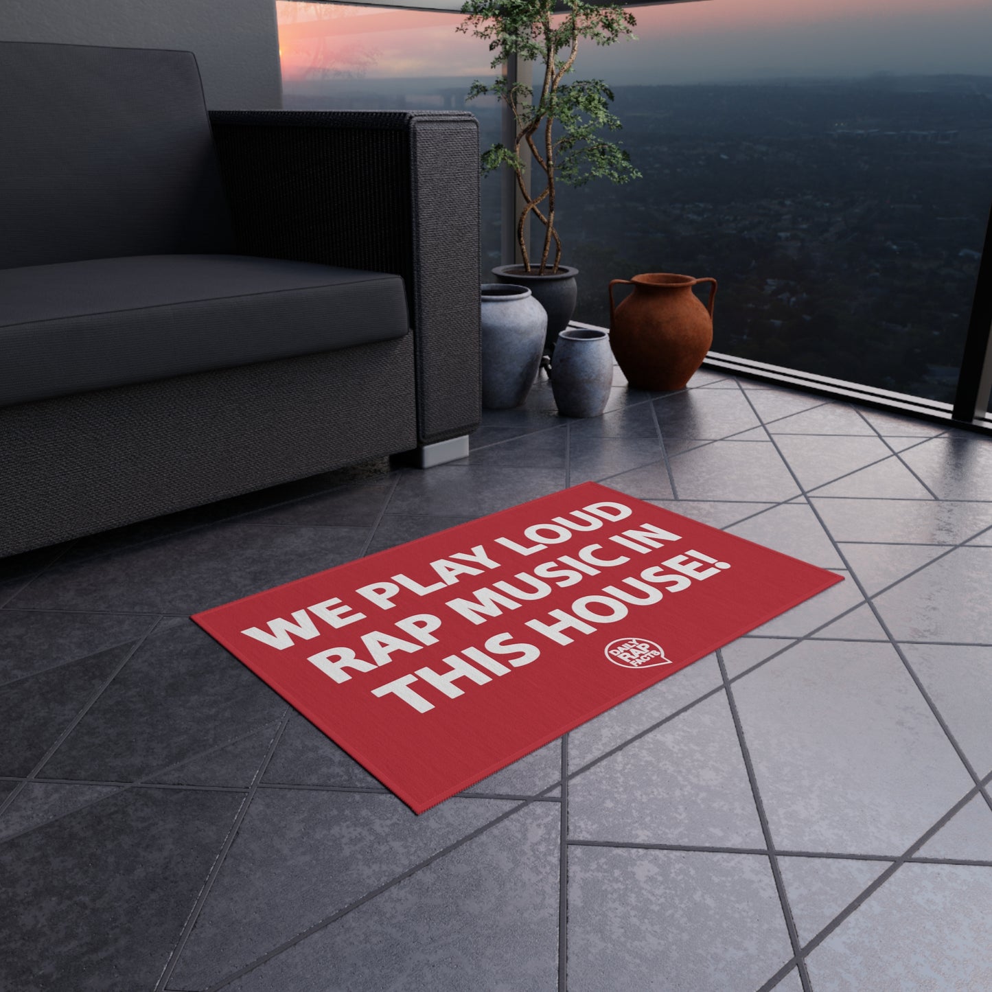 We Play Loud Rap Music In This House Outdoor Rug 24" × 36"