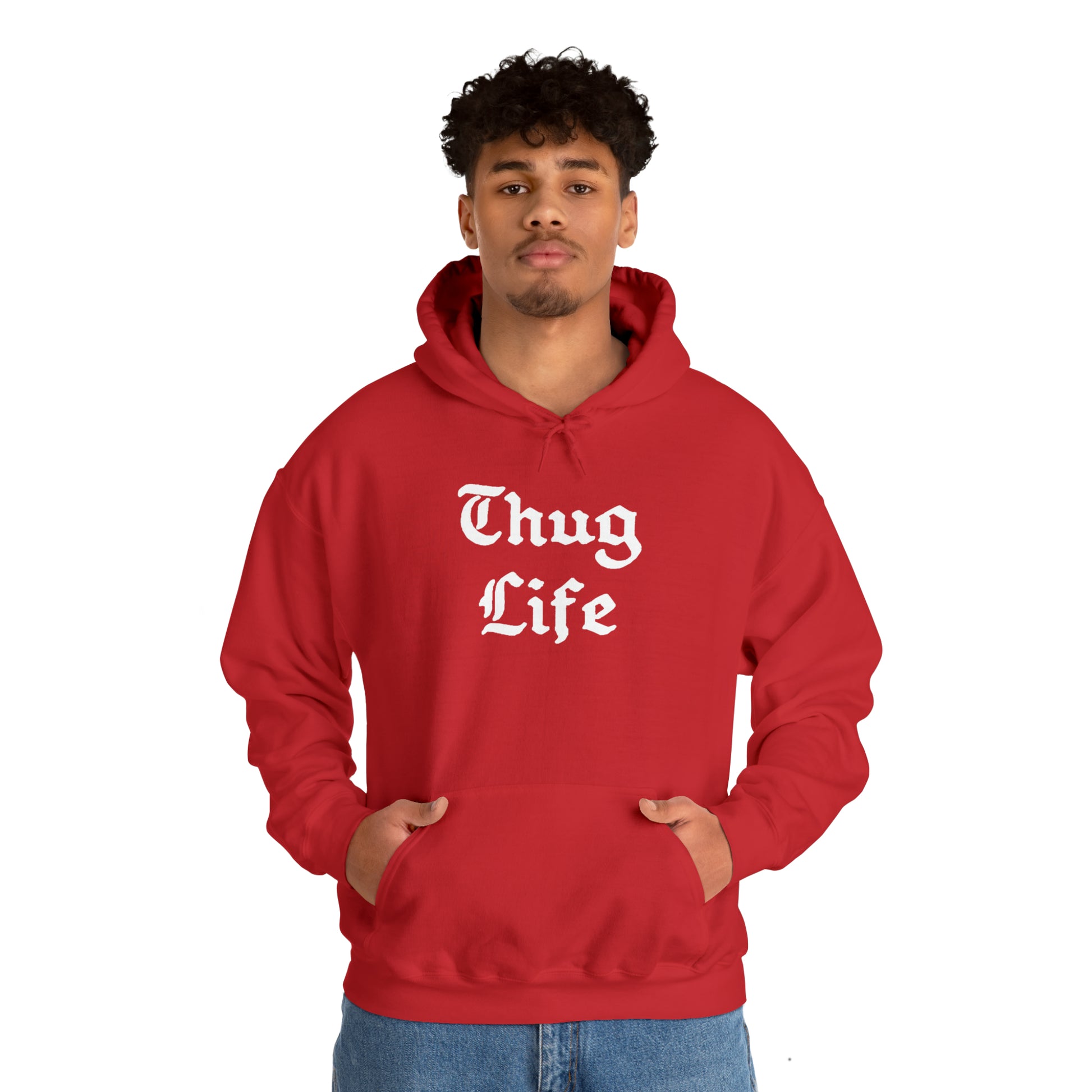 Boy wearing red Thug Life Hoodie