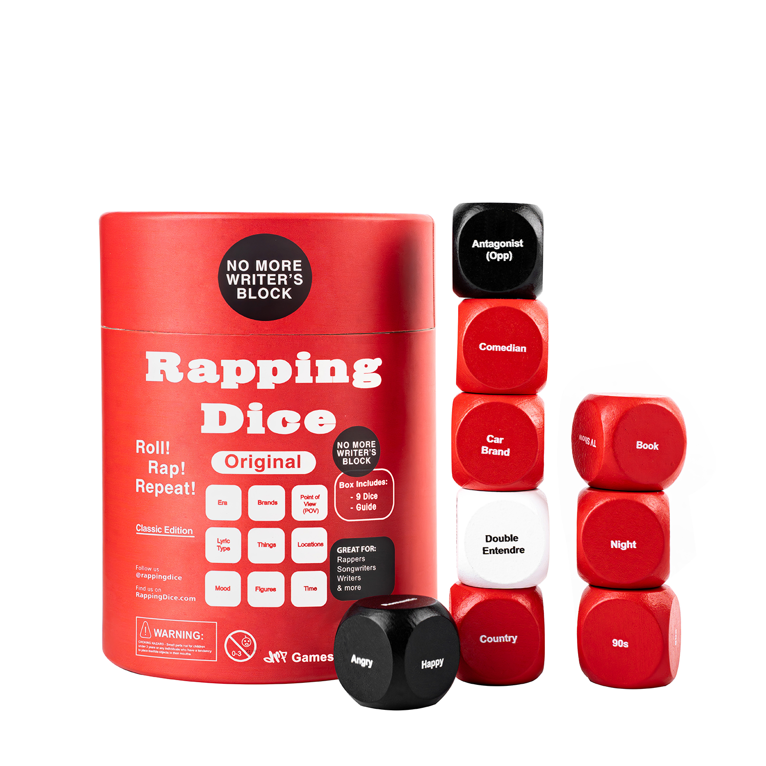Rapping Dice set with red dice and a red container on a white background